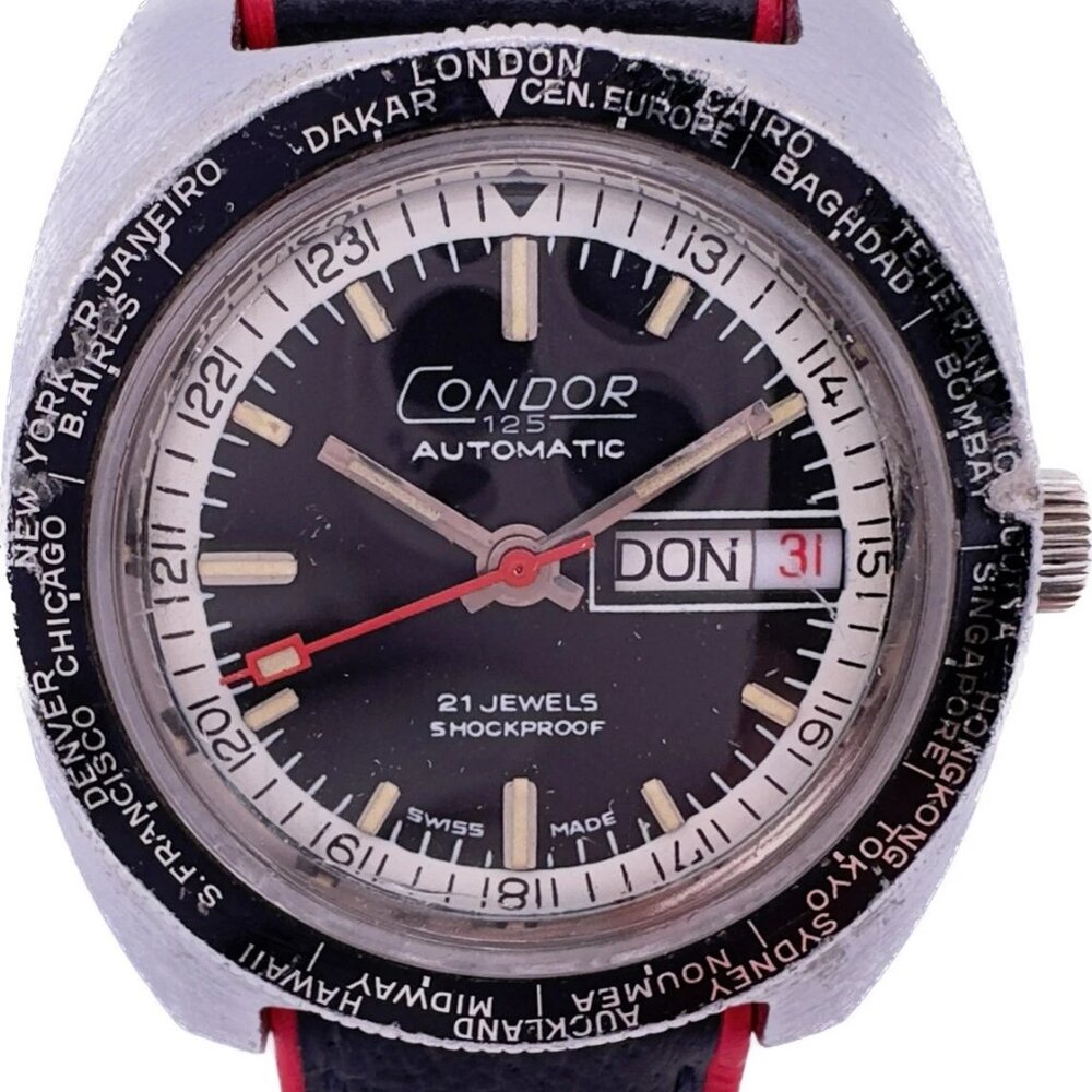 Vintage Condor 125 World Time 21J Men Automatic Wristwatch RondaMatic SwissSteel
